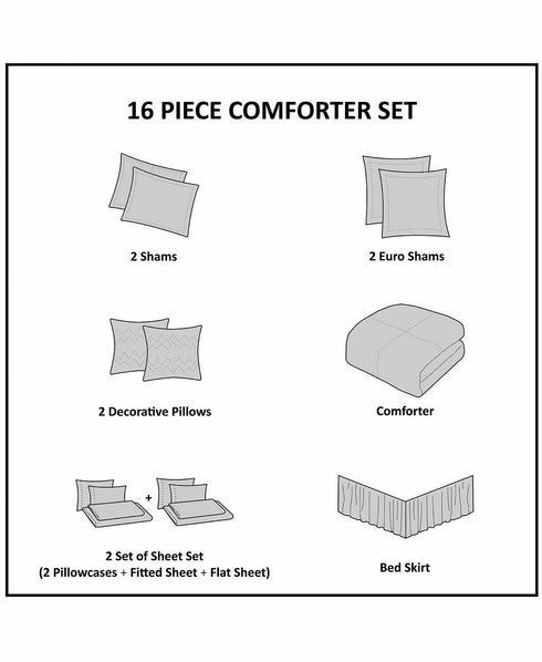 Madison Park Essentials Zara 16PC Jacquard Complete Bedding Set W/ 2 Sheet Sets